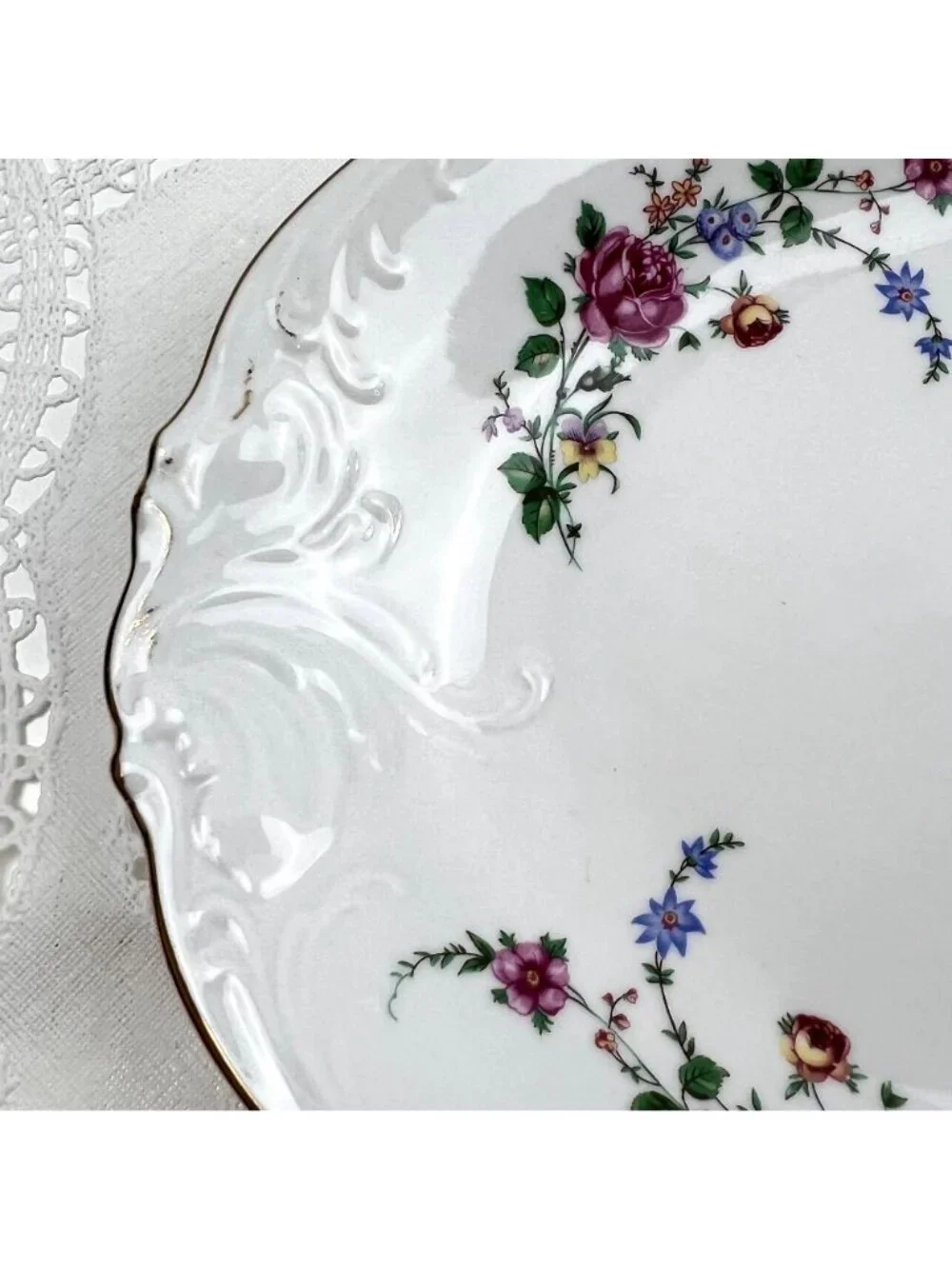 Wawel Poland Serving Platter Embossed Scalloped White Pink Roses 13